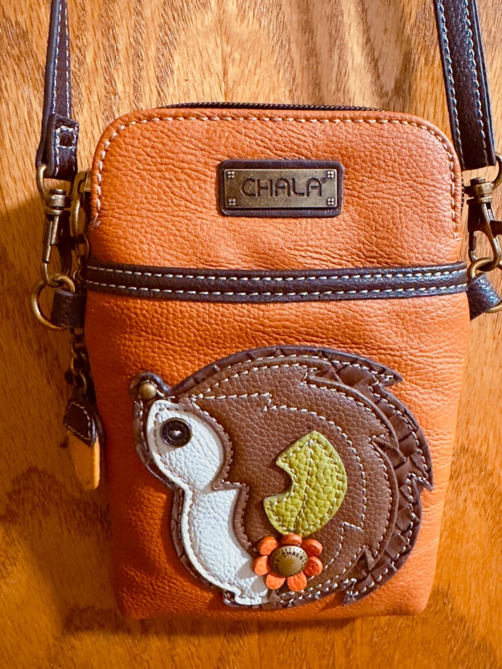 Chala Orange Brown Crossbody, Cellphone Bag, Hedgehog Applique and Leaf Accent